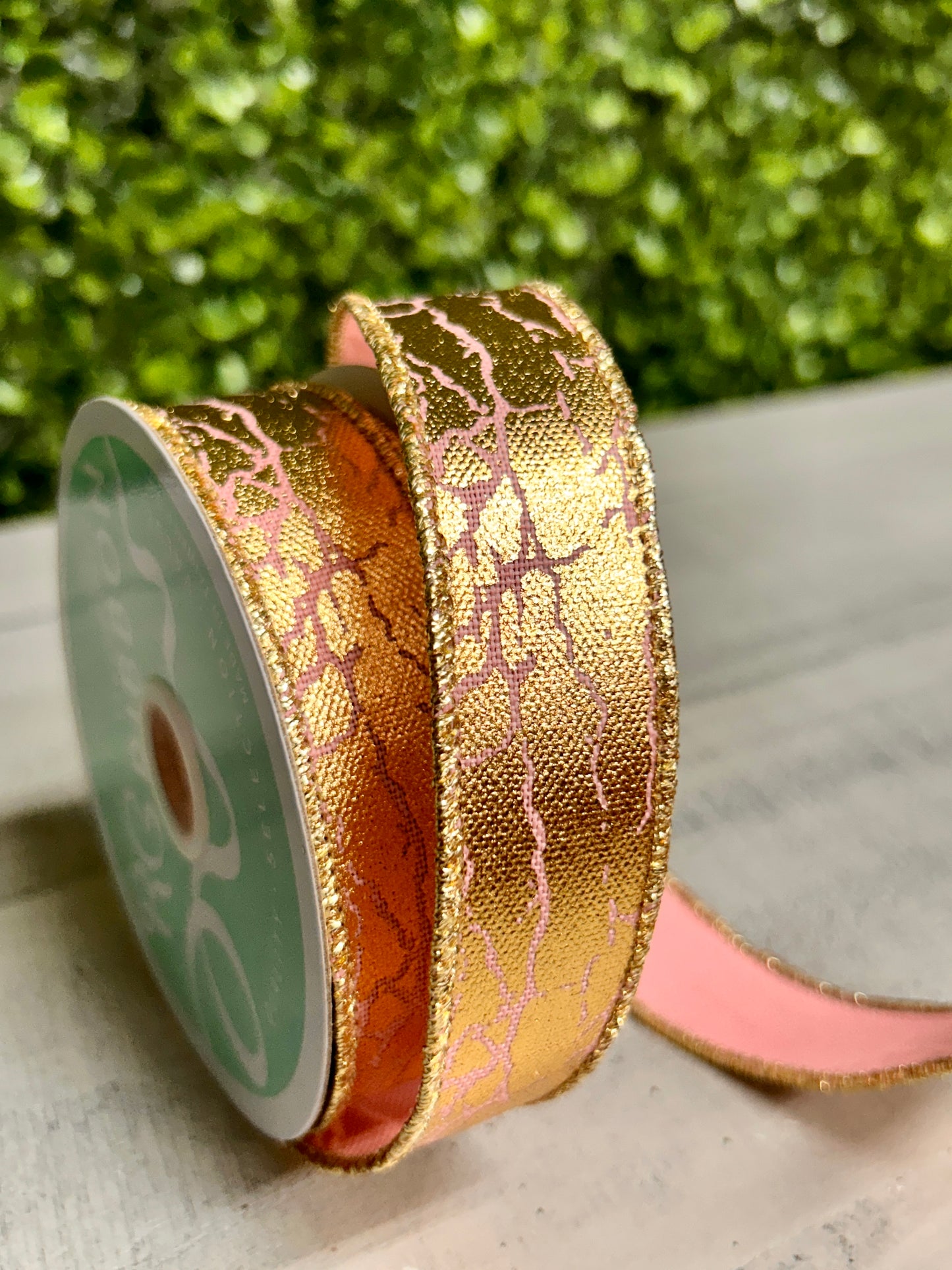 7/8 Inch By 10 Yard Rose Pink And Gold Cracked Foil Ribbon