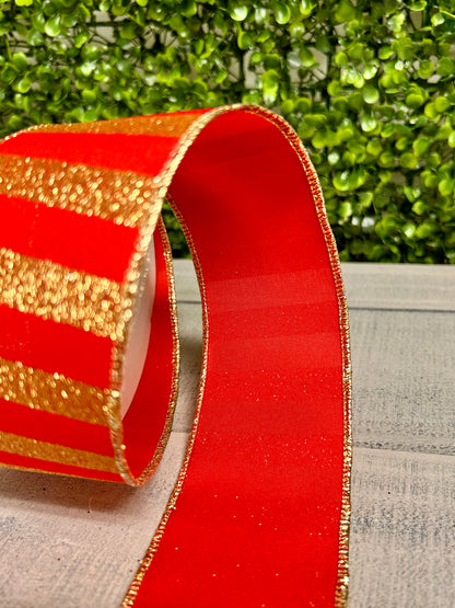 2.5 Inch By 10 Yard Red And Gold Horizontal Glitter Stripes Ribbon