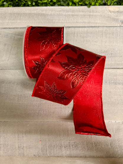 2.5 Inch By 10 Yard Red Metallic Poinsettia Ribbon