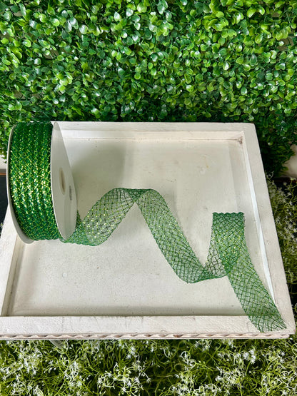 1.5 Inch By 30 Yard Dark Green With Lime Green Foil Deco Flex Ribbon