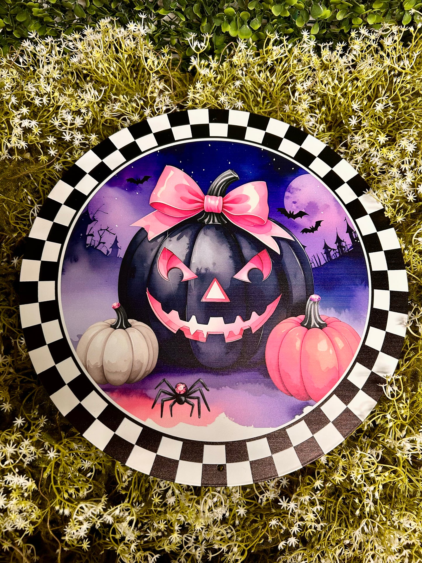 12 Inch Pink And Purple Jack-O-Lantern With Bow Sign