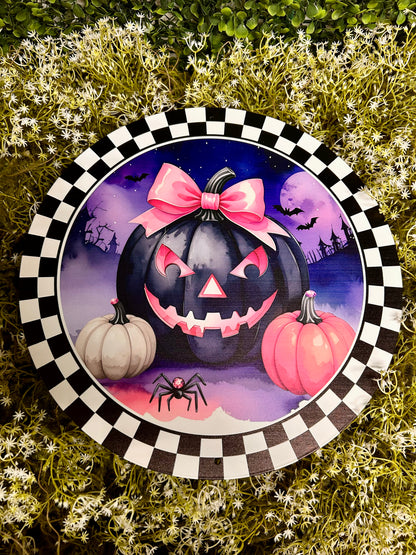 12 Inch Pink And Purple Jack-O-Lantern With Bow Sign