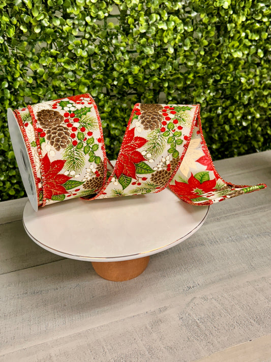 2.5 Inch By 10 Yard Poinsettia Foliage And Pinecones Ribbon