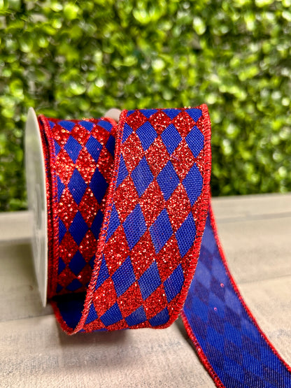 1.5 Inch By 10 Yards Royal Blue And Red Glitter Harlequin Ribbon