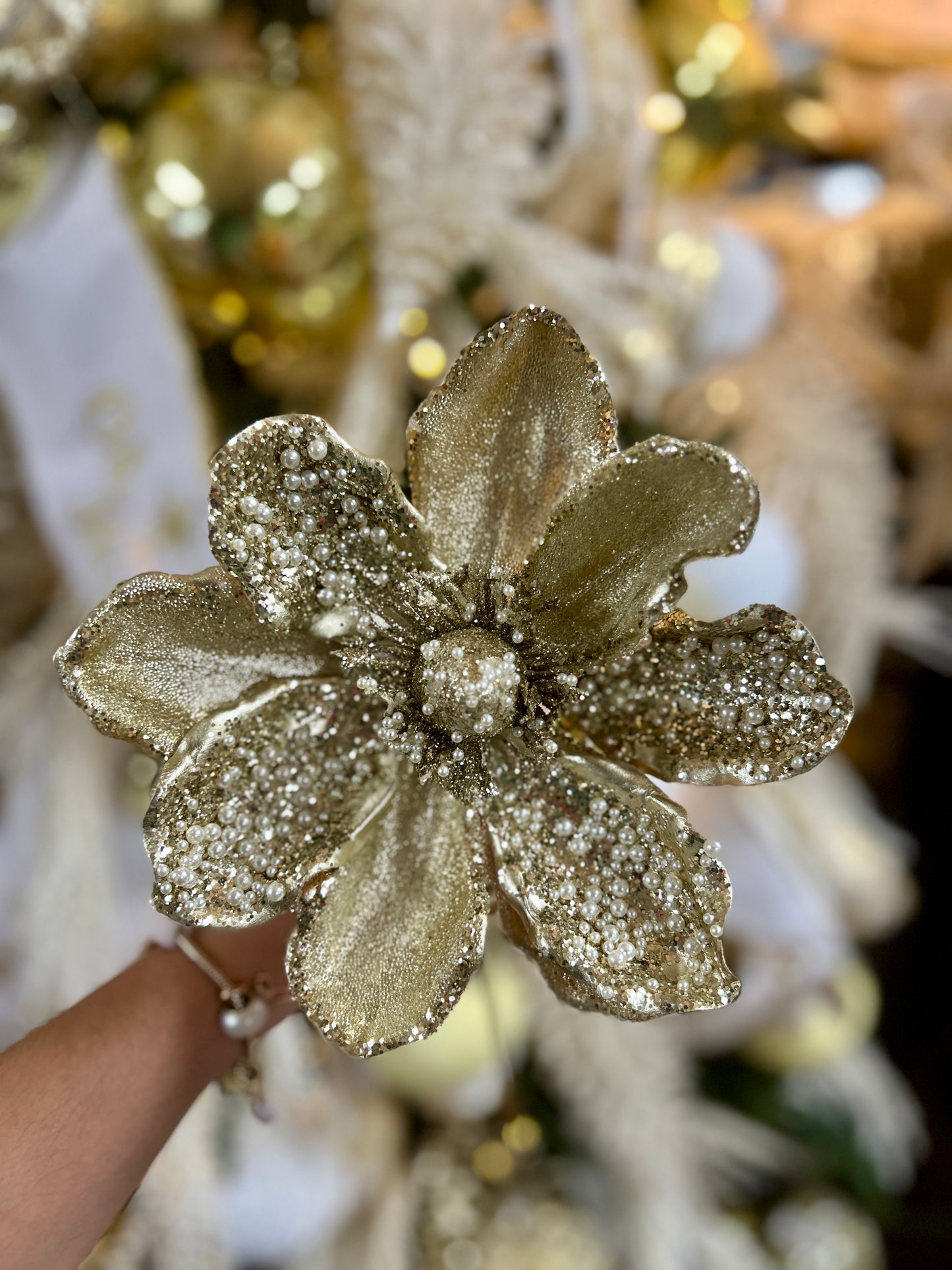 17 Inch Pearl Beaded Gold Magnolia Stem