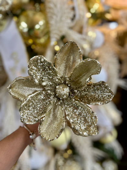 17 Inch Pearl Beaded Gold Magnolia Stem
