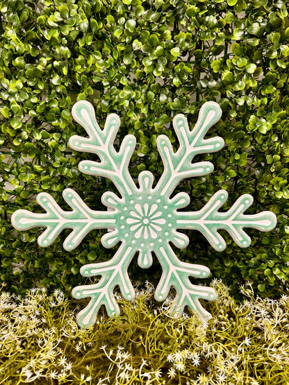 12 Inch Mint Green And White Metal Embossed Snowflake Sign