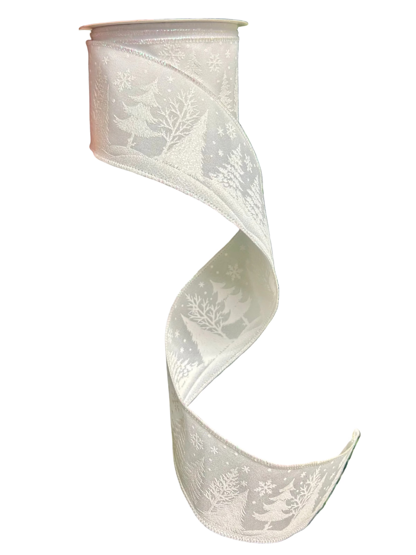 2.5 Inch By 10 Yard Glitter White Christmas Tree On White Background Ribbon