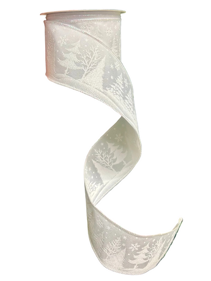 2.5 Inch By 10 Yard Glitter White Christmas Tree On White Background Ribbon