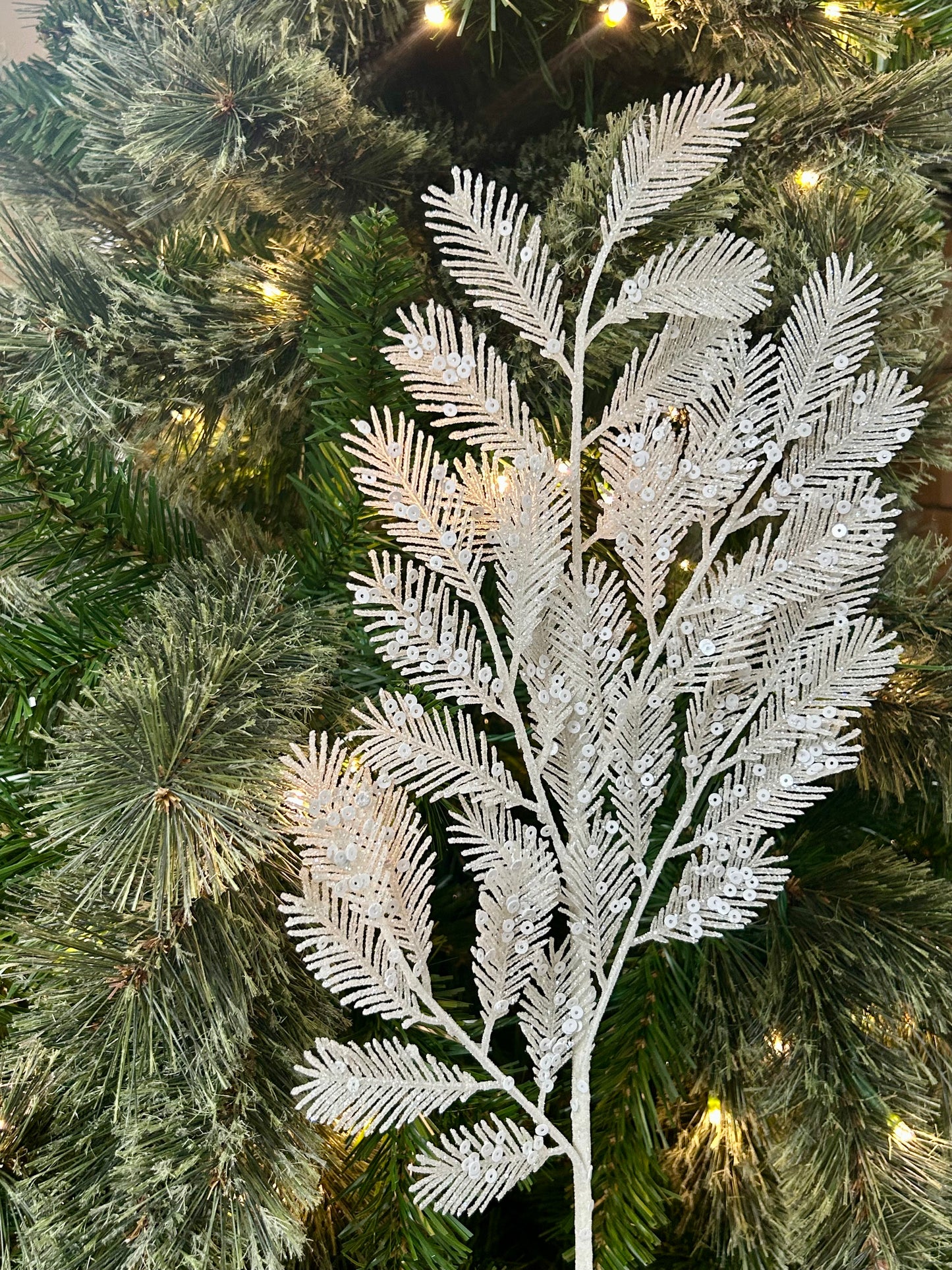 24 Inch White Glitter Sequin Fern Spray