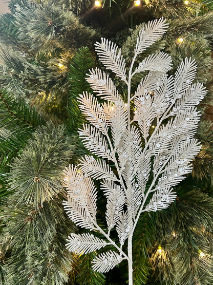 24 Inch White Glitter Sequin Fern Spray