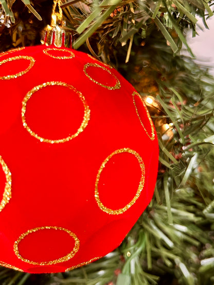 4 Inch Red And Gold Flocked Glitter Concave Ball Ornament