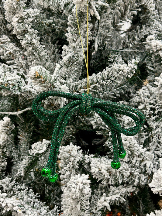 5.5 Inch Green Sparkle Bow With Bells Ornament