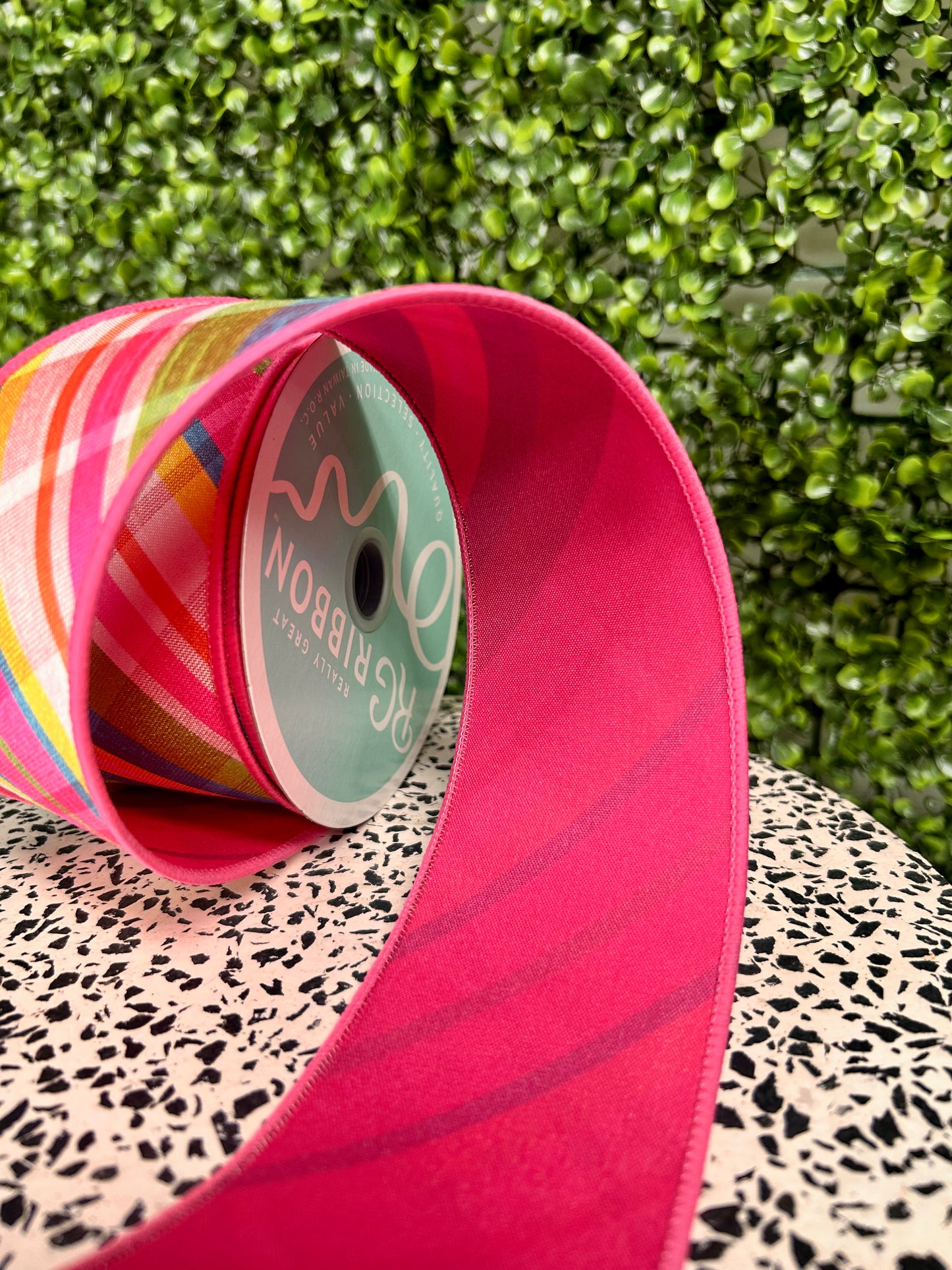 2.5 Inch By 10 Yard Hot Pink Turquoise Lime And Yellow Diagonal Plaid Fused Ribbon
