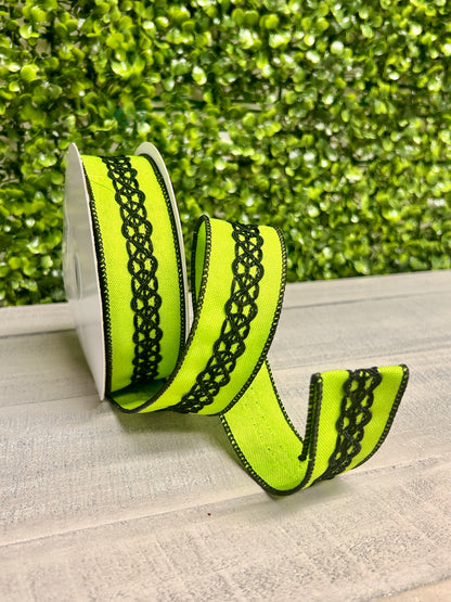 1.5 Inch By 10 Yard Lime Green And Black Lace On Faux Royal Ribbon