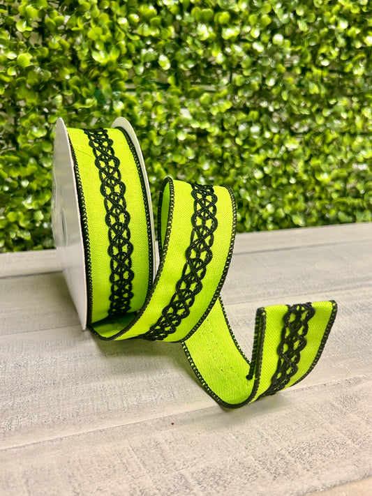 1.5 Inch By 10 Yard Lime Green And Black Lace On Faux Royal Ribbon