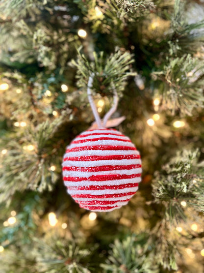 4.5 Inch Chenille Ball Ornament Red And White
