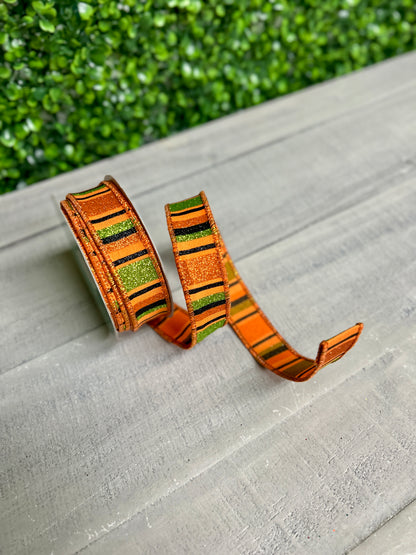 7/8 Inch By 10 Yard Orange Black And Lime Horizontal Stripe Ribbon