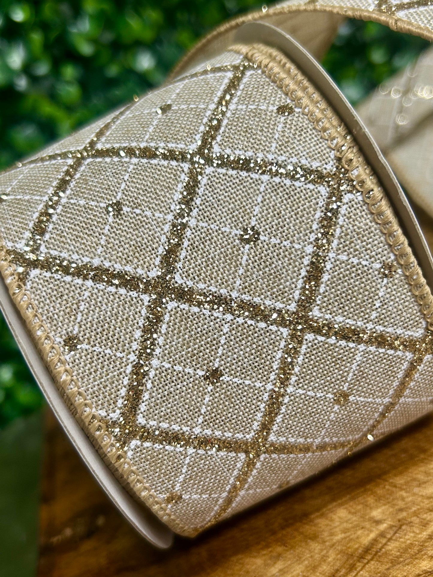 2.5 Inch By 10 Yard Champagne And Gold Glitter Diagonal Plaid With Natural Edge Ribbon