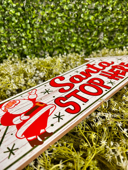 16 Inch Glitter Santa Stop Here Arrow Shaped Wood Sign