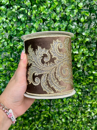 4 Inch By 5 Yard Brown And Champagne Shimmer Velvet Filagree Scroll Leaf Wired Ribbon