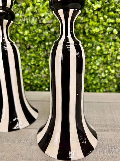 Set Of Two 10 Inch Black & White Striped Ceramic Taper Candle Holder