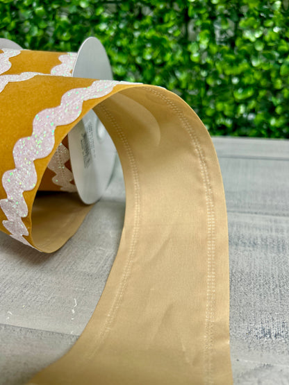 2.5 Inch By 10 Yard Tan Velvet With Iridescent Ric Rac Edge Ribbon