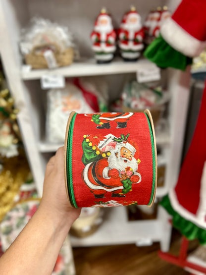 4 Inch By 10 Yard Retro Santa With Green Backing Ribbon
