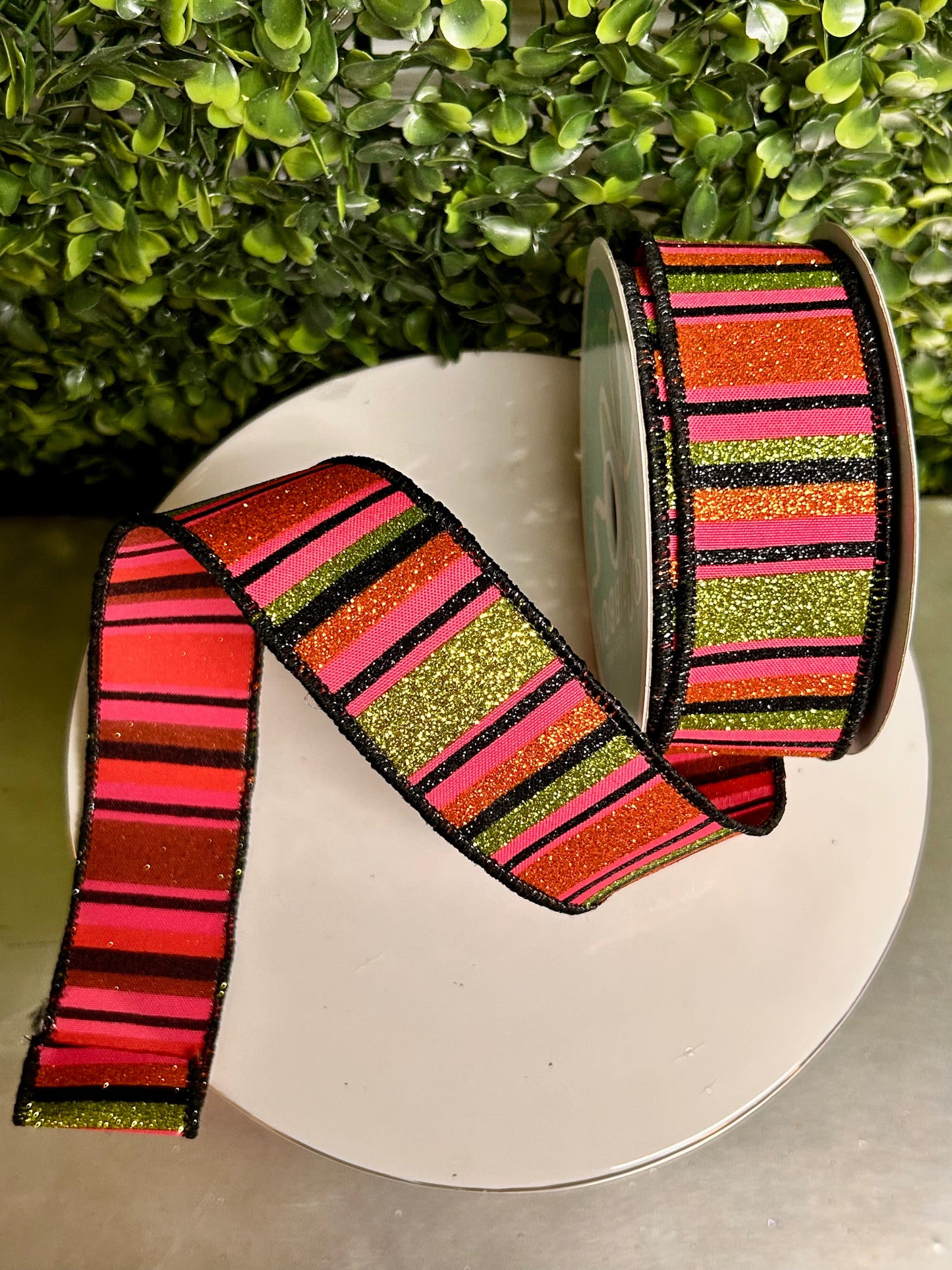 1.5 Inch By 10 Yard Hot Pink Lime Black And Orange Horizontal Stripe Ribbon