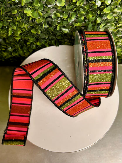 1.5 Inch By 10 Yard Hot Pink Lime Black And Orange Horizontal Stripe Ribbon