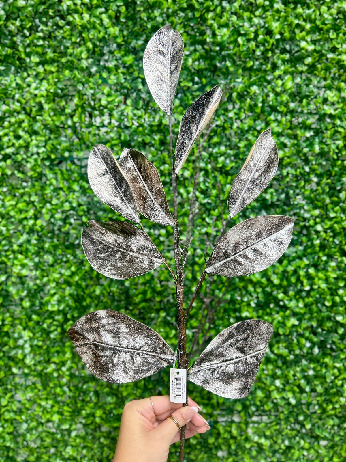 32 Inch Coffee And Silver Metallic Magnolia Leaf Spray