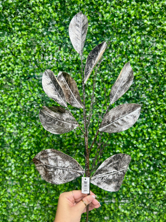 32 Inch Coffee And Silver Metallic Magnolia Leaf Spray
