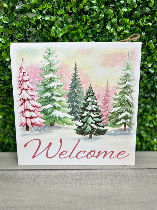 10 Inch Square Pastel Welcome With Trees Wood Sign