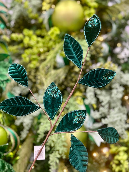 27 Inch Hunter Green Velvet And Glitter Magnolia Leaf Spray