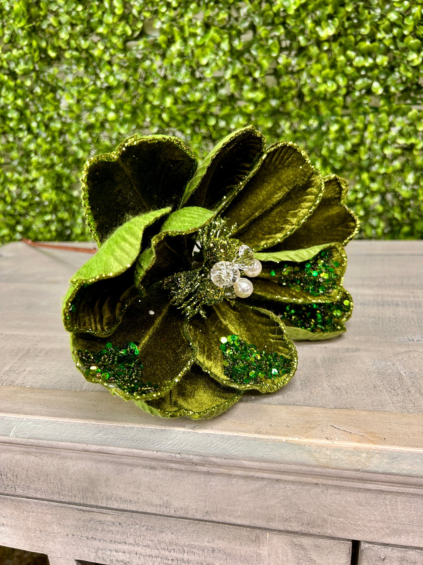 22 Inch Moss Green Glitter Sequin Bead Magnolia Stem