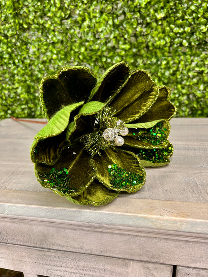 22 Inch Moss Green Glitter Sequin Bead Magnolia Stem