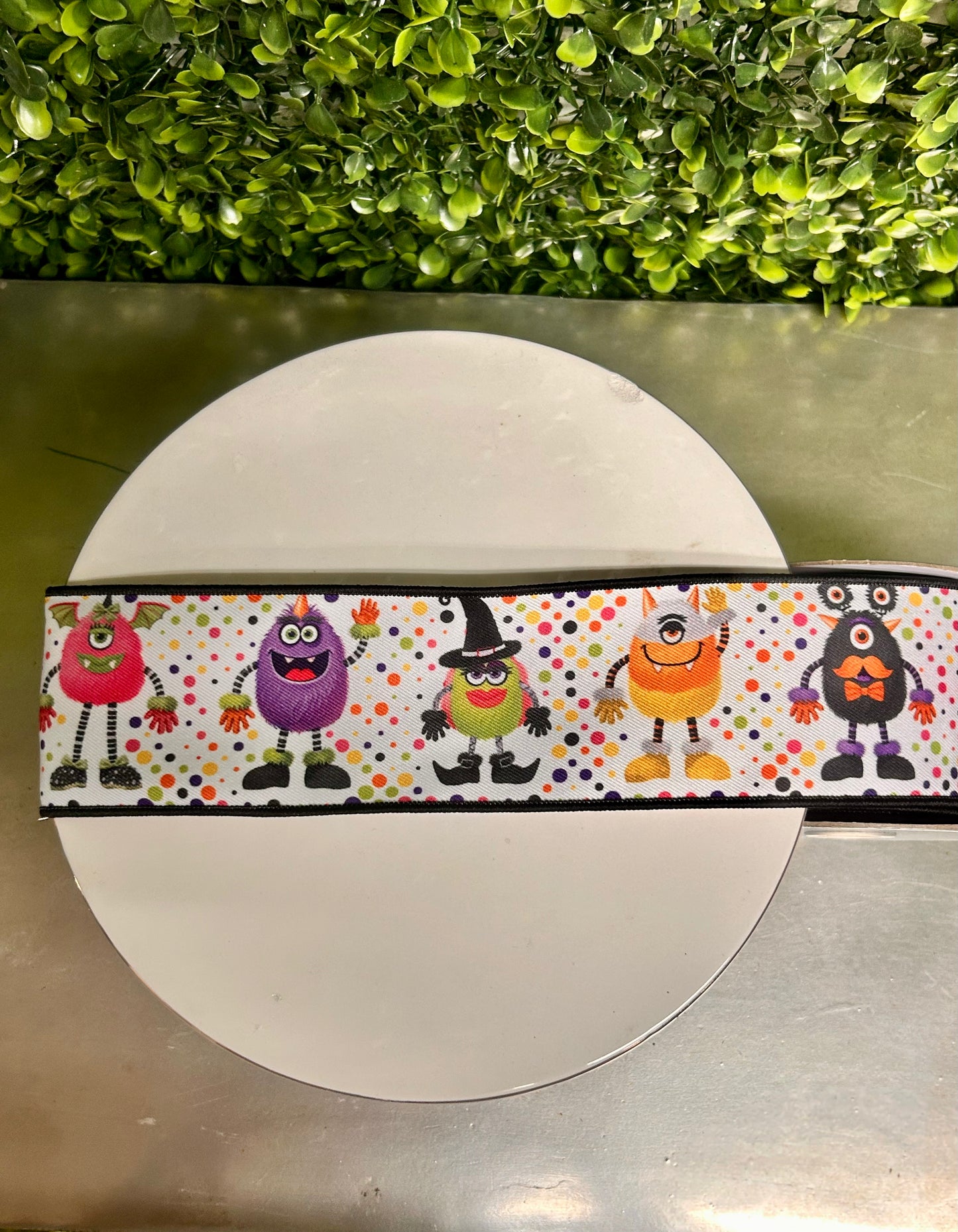 2.5 Inch By 10 Yard Multicolor Halloween Monsters On White Background Ribbon