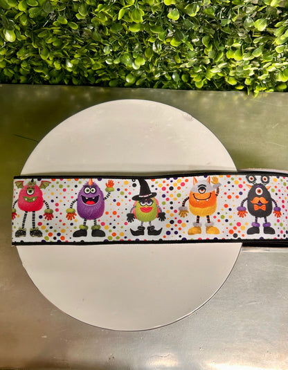 2.5 Inch By 10 Yard Multicolor Halloween Monsters On White Background Ribbon