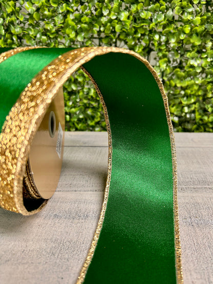 2.5 Inch By 10 Yard Emerald And Gold Vertical Glitter Stripe Sewn Ribbon
