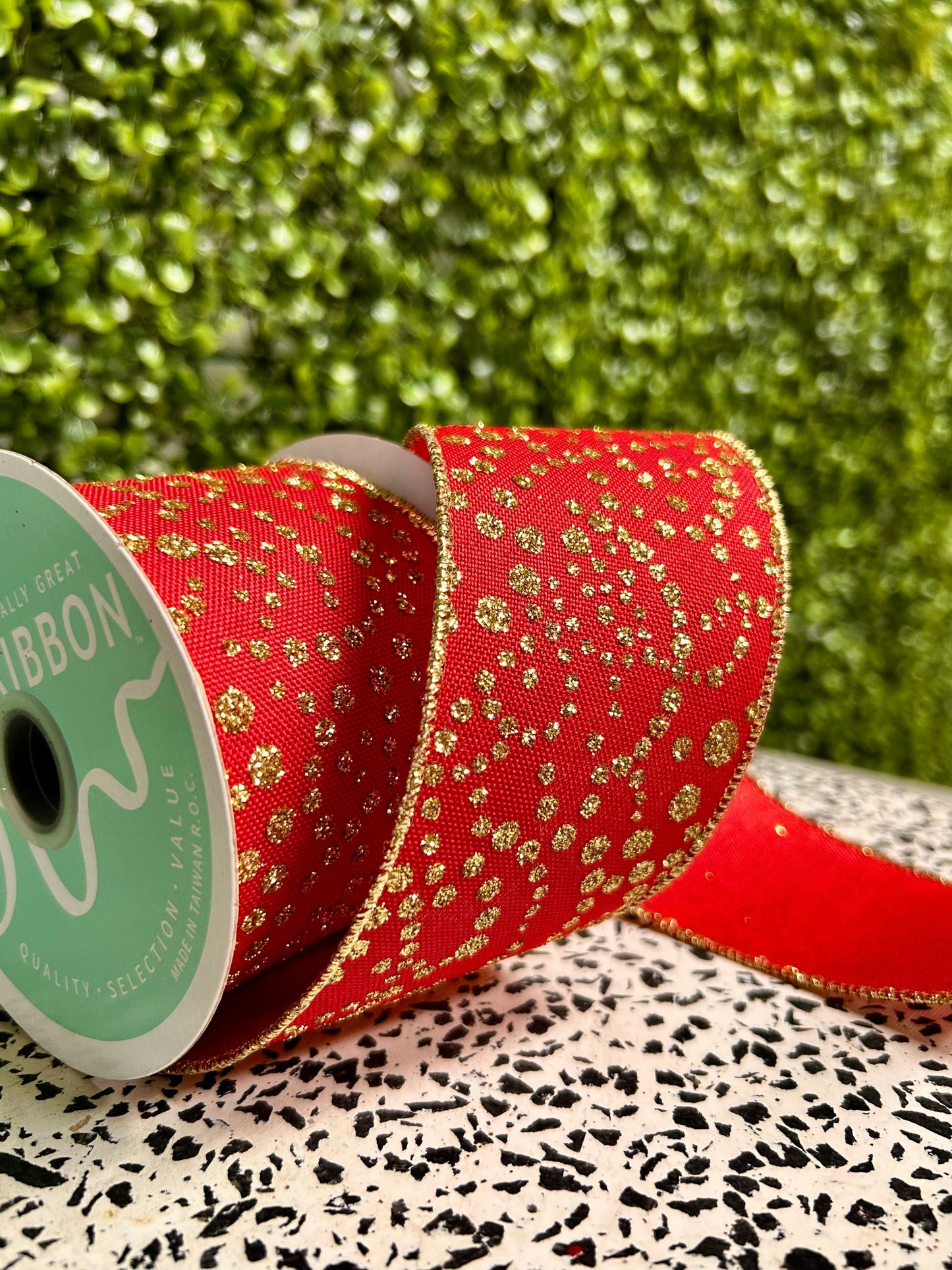 2.5 Inch By 10 Yards Red And Gold Mini Glitter Dots Ribbon
