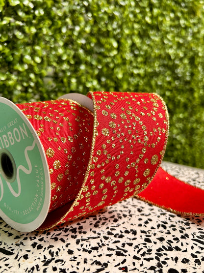 2.5 Inch By 10 Yards Red And Gold Mini Glitter Dots Ribbon
