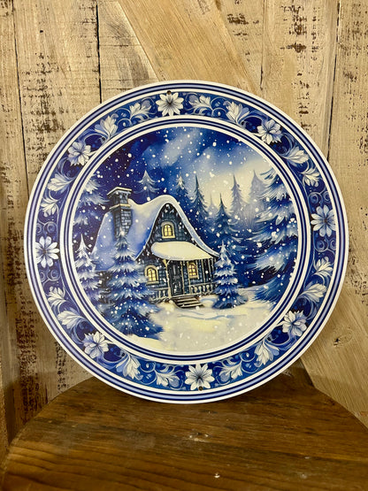 12 Inch Winter Cabin Scene Metal Sign