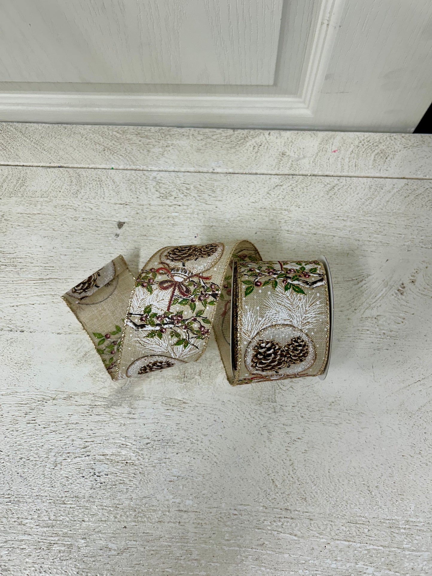 2.5 Inch By 10 Yard Red Berry Branch With Acorn Ornament With Burlap Background And Gold Glitter Edging