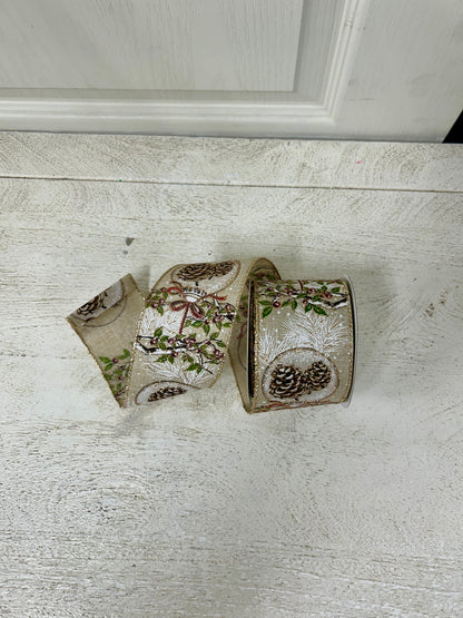 2.5 Inch By 10 Yard Red Berry Branch With Acorn Ornament With Burlap Background And Gold Glitter Edging