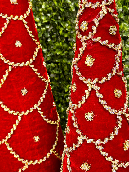 Set Of Two 18 And 24 Inch Red Jeweled Scalloped Velvet Cone Tree