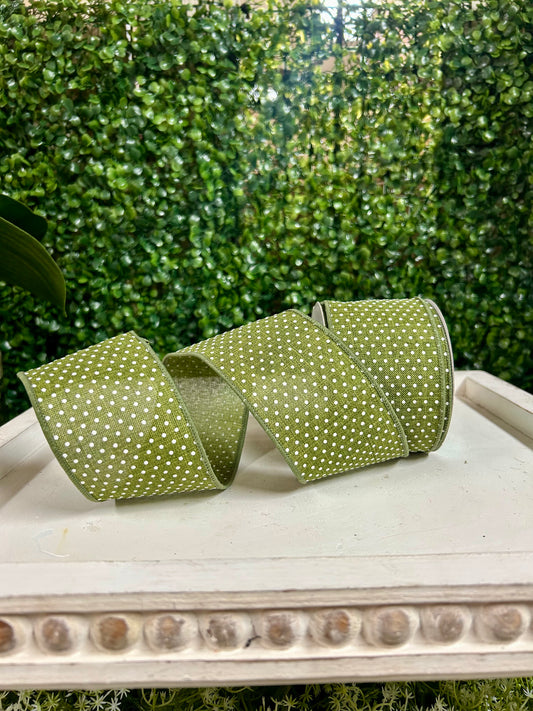 2.5 Inch By 10 Yards Moss Green And White Raised Swiss Dots On Royal Ribbon