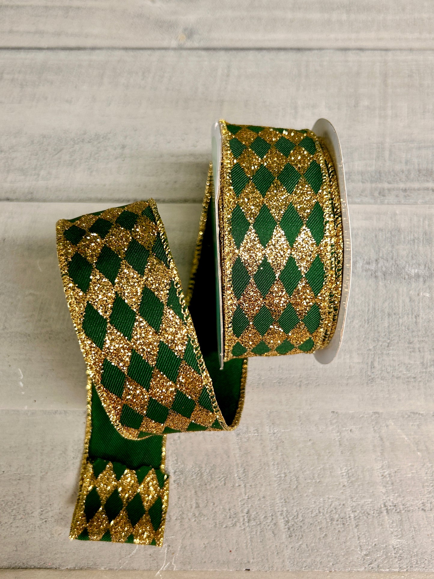 1.5 Inch By 10 Yard Hunter Green And Gold Glitter Harlequin Ribbon