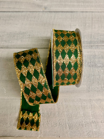 1.5 Inch By 10 Yard Hunter Green And Gold Glitter Harlequin Ribbon