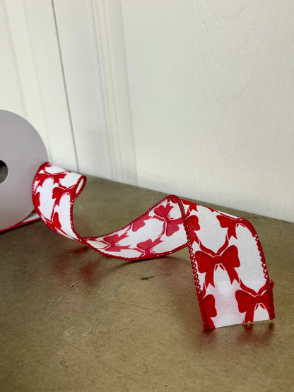 1.5 Inch By 10 Yard White Background With Red Bows Ribbon