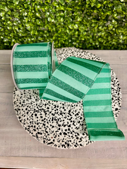 2.5 Inch By 10 Yard Mint Horizontal Glitter Stripes Ribbon
